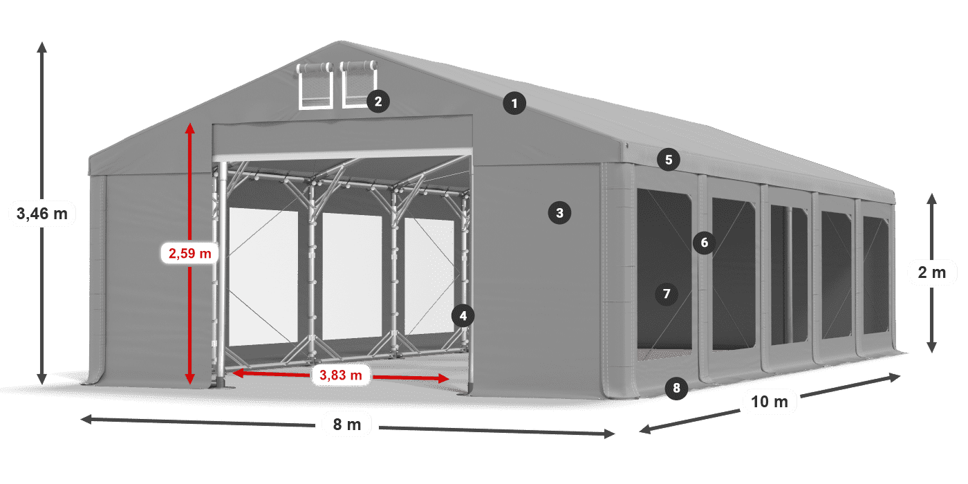 Tető: MS 580 PVC Falak: MS 580 PVC 2 m jelmagyarázat