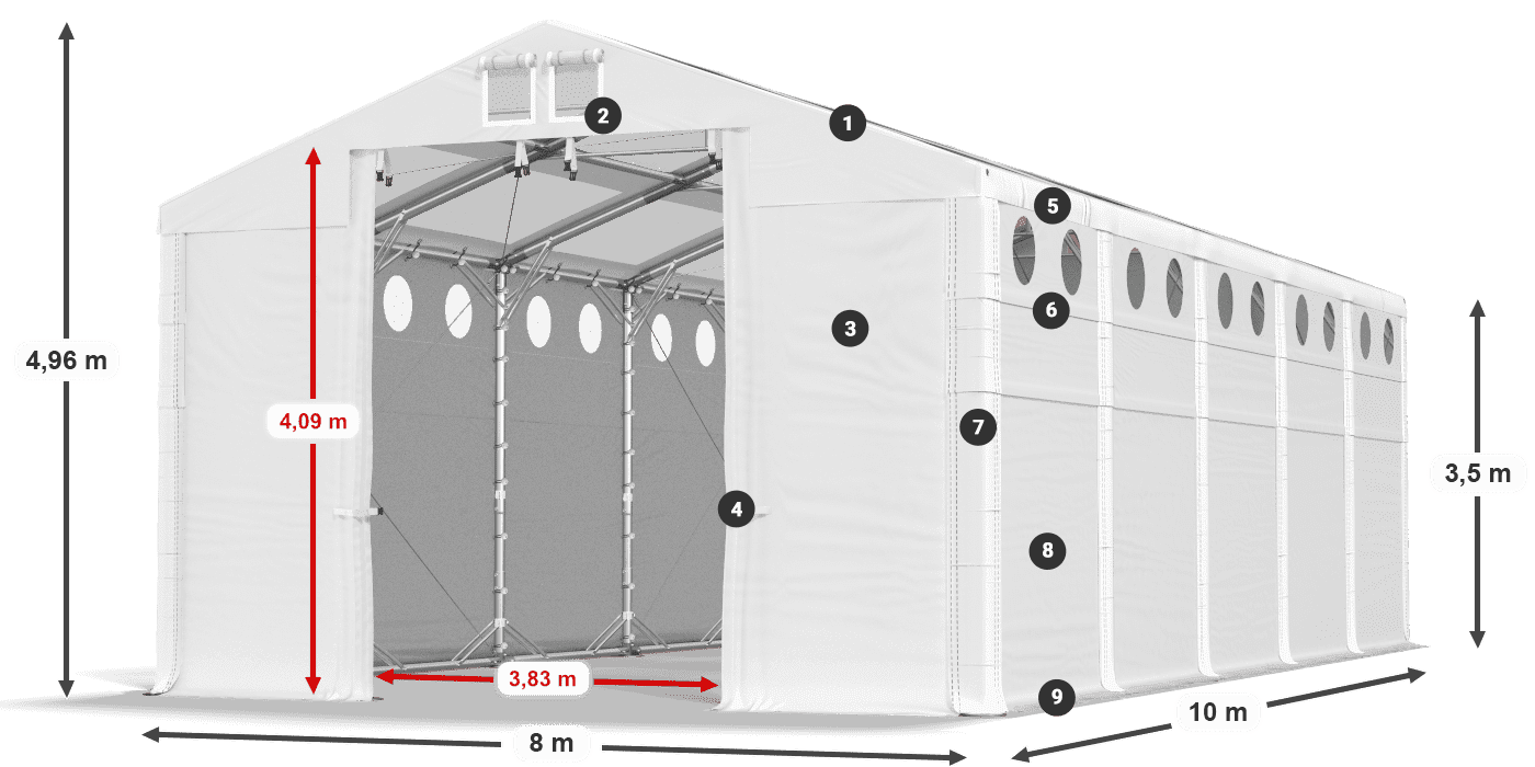 Tető: MS T 580 PVC Falak: FR O 620 PVC 3,5 m jelmagyarázat