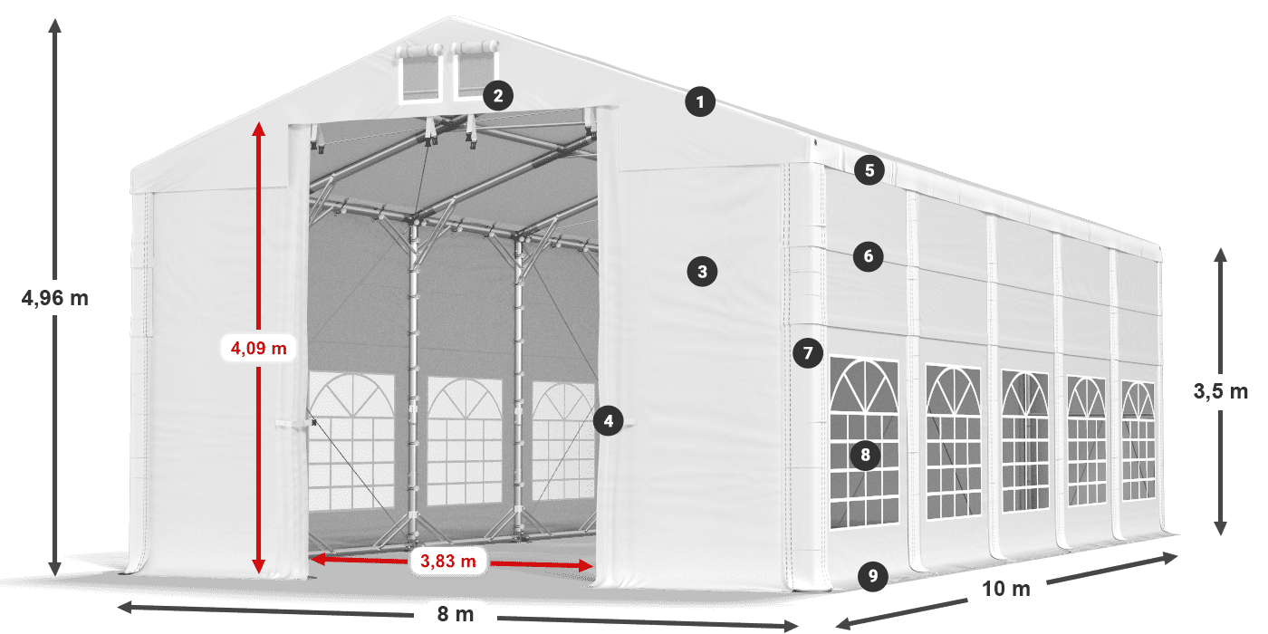 Tető: MS 580 PVC Falak: FR 620 PVC 3,5 m jelmagyarázat