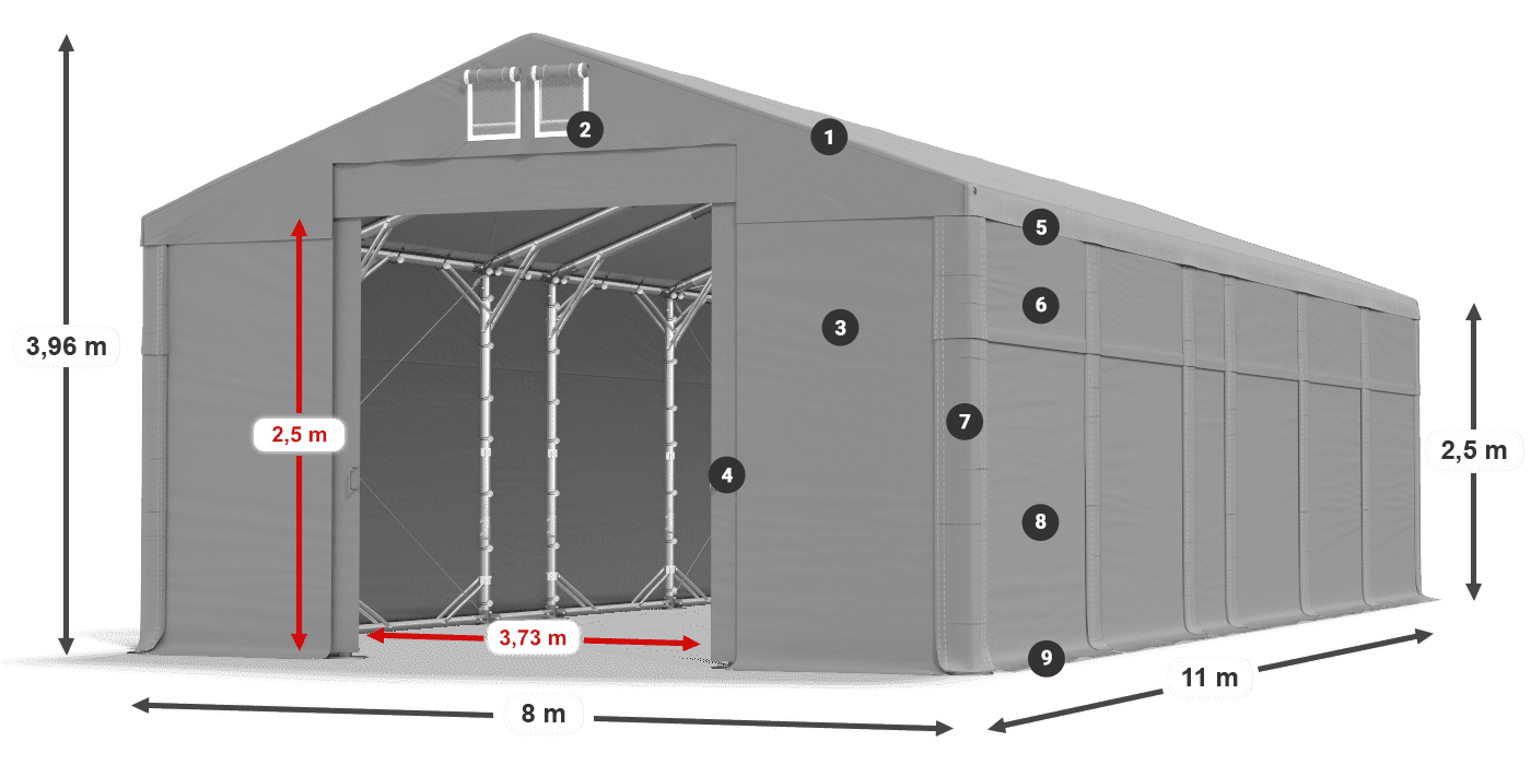 Tető: FR 620 PVC Falak: MS 580 PVC 2,5 m jelmagyarázat