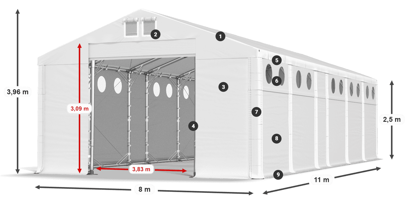 Tető: FR 620 PVC Falak: MS O 580 PVC 2,5 m jelmagyarázat