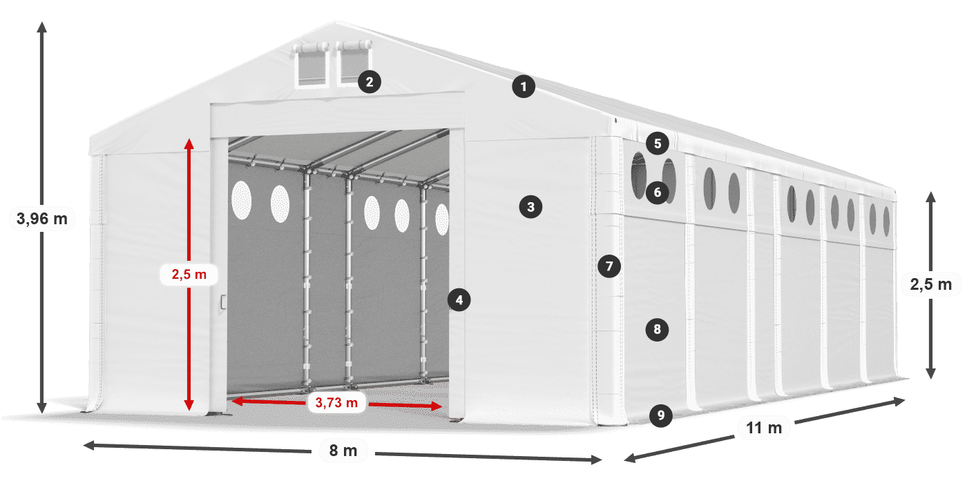 Tető: FR 620 PVC Falak: MS O 580 PVC 2,5 m jelmagyarázat