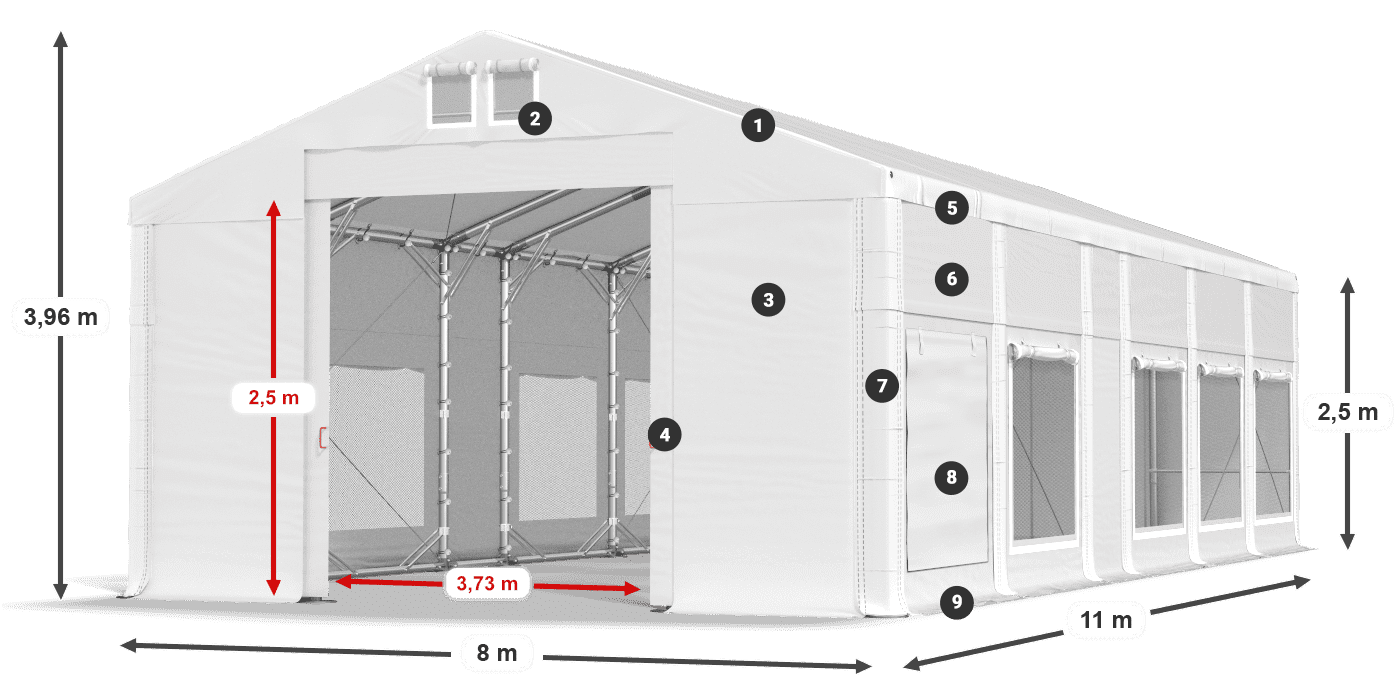 Tető: FR 620 PVC Falak: SD 500 PVC 2,5 m jelmagyarázat