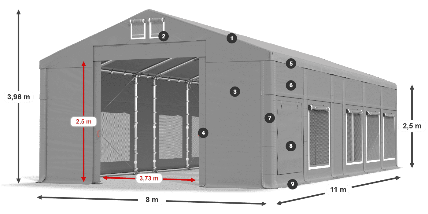 Tető: FR 620 PVC Falak: SD 500 PVC 2,5 m jelmagyarázat