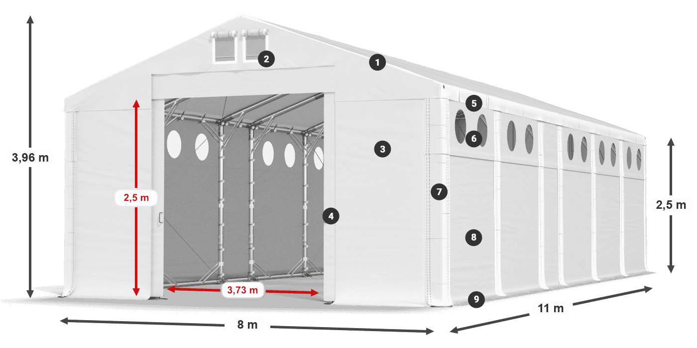 Tető: MS 580 PVC Falak: FR O 620 PVC 2,5 m jelmagyarázat