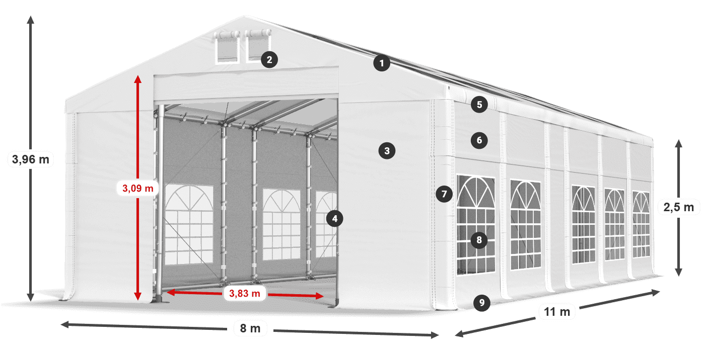 Tető: MS T 580 PVC Falak: FR 620 PVC 2,5 m jelmagyarázat