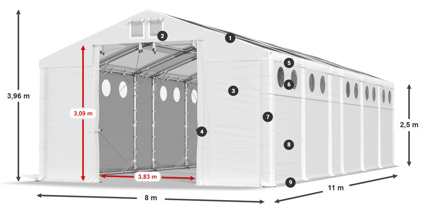 Tető: MS T 580 PVC Falak: MS O 580 PVC 2,5 m jelmagyarázat