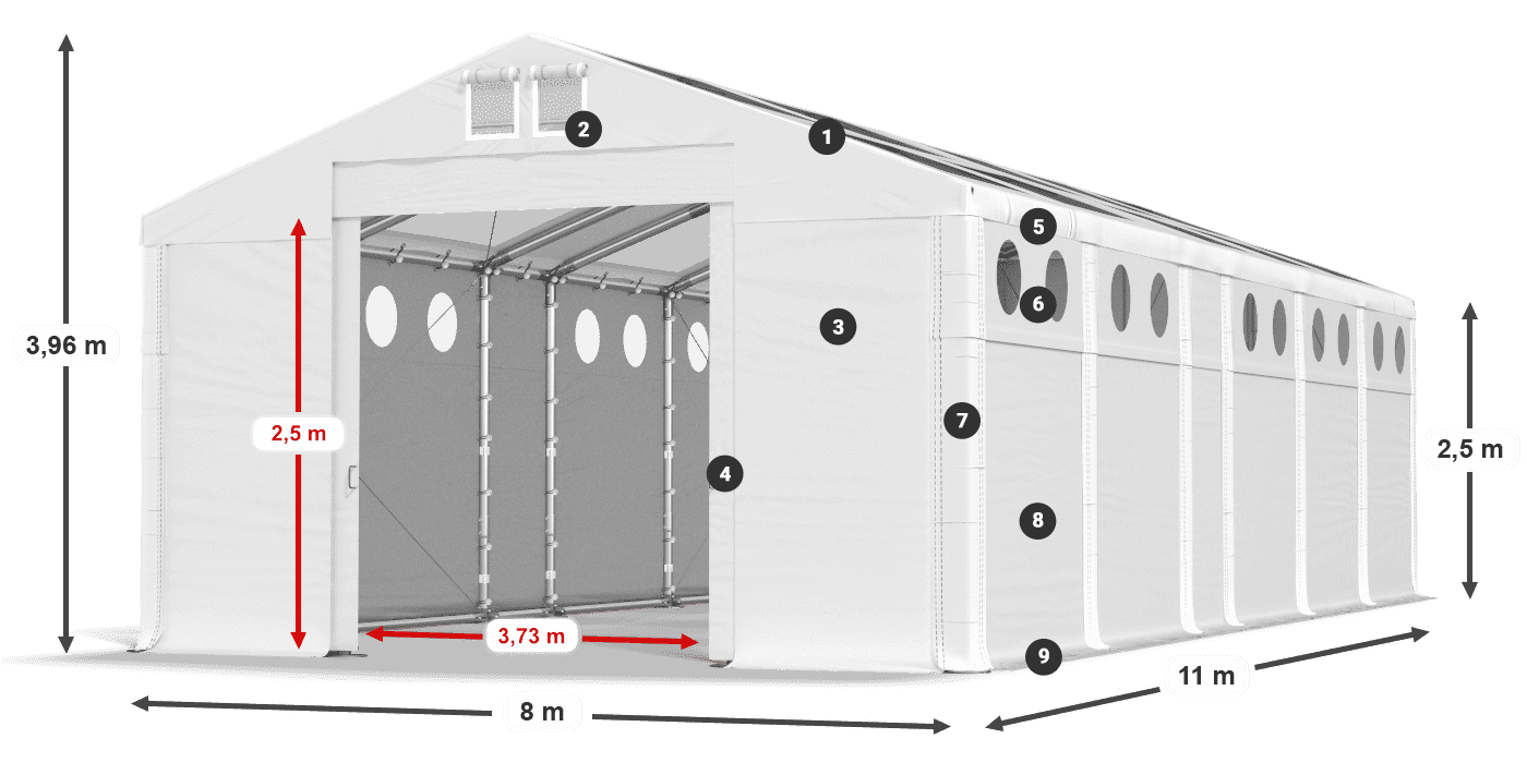 Tető: MS T 580 PVC Falak: MS O 580 PVC 2,5 m jelmagyarázat