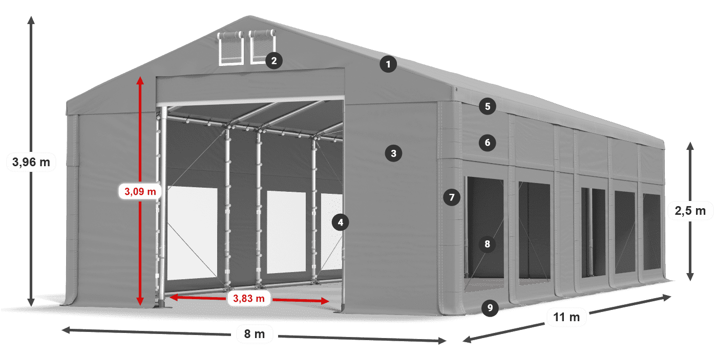 Tető: MS 580 PVC Falak: MS 580 PVC 2,5 m jelmagyarázat