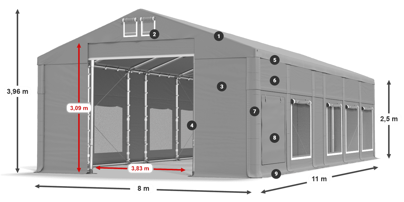 Tető: MS 580 PVC Falak: SD M 500 PVC 2,5 m jelmagyarázat