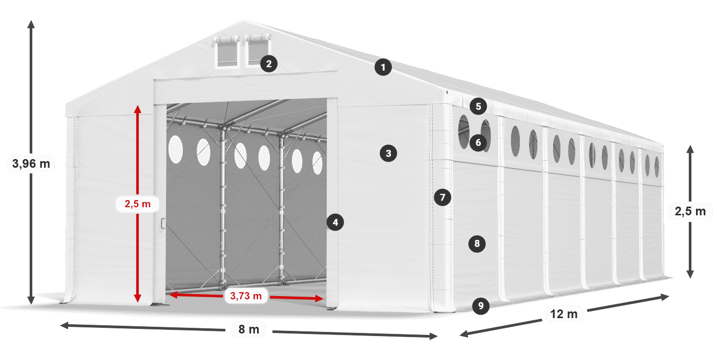 Tető: FR 620 PVC Falak: MS O 580 PVC 2,5 m jelmagyarázat