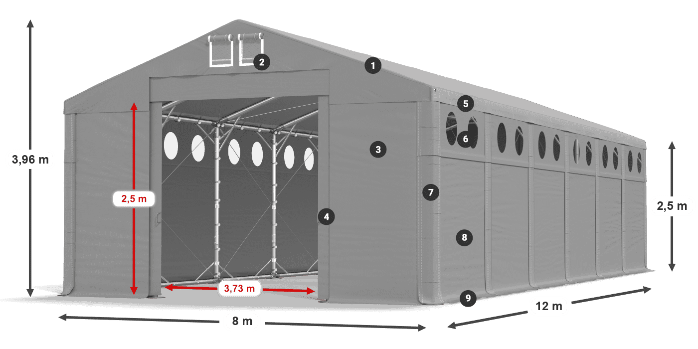 Tető: FR 620 PVC Falak: MS O 580 PVC 2,5 m jelmagyarázat