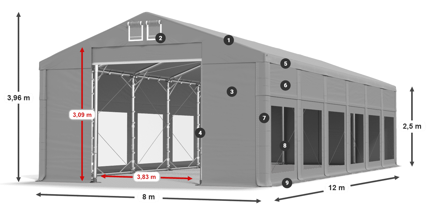Tető: FR 620 PVC Falak: MS 580 PVC 2,5 m jelmagyarázat