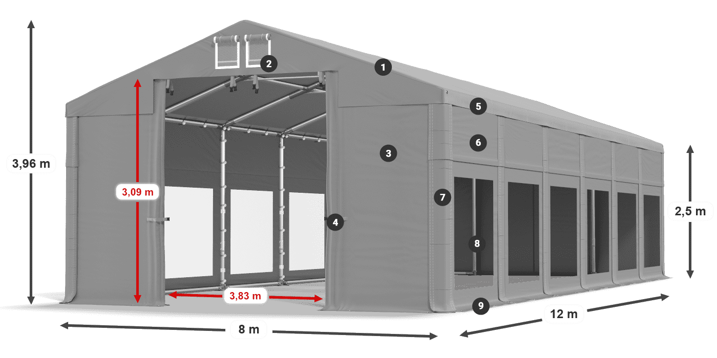 Tető: FR 620 PVC Falak: MS 580 PVC 2,5 m jelmagyarázat