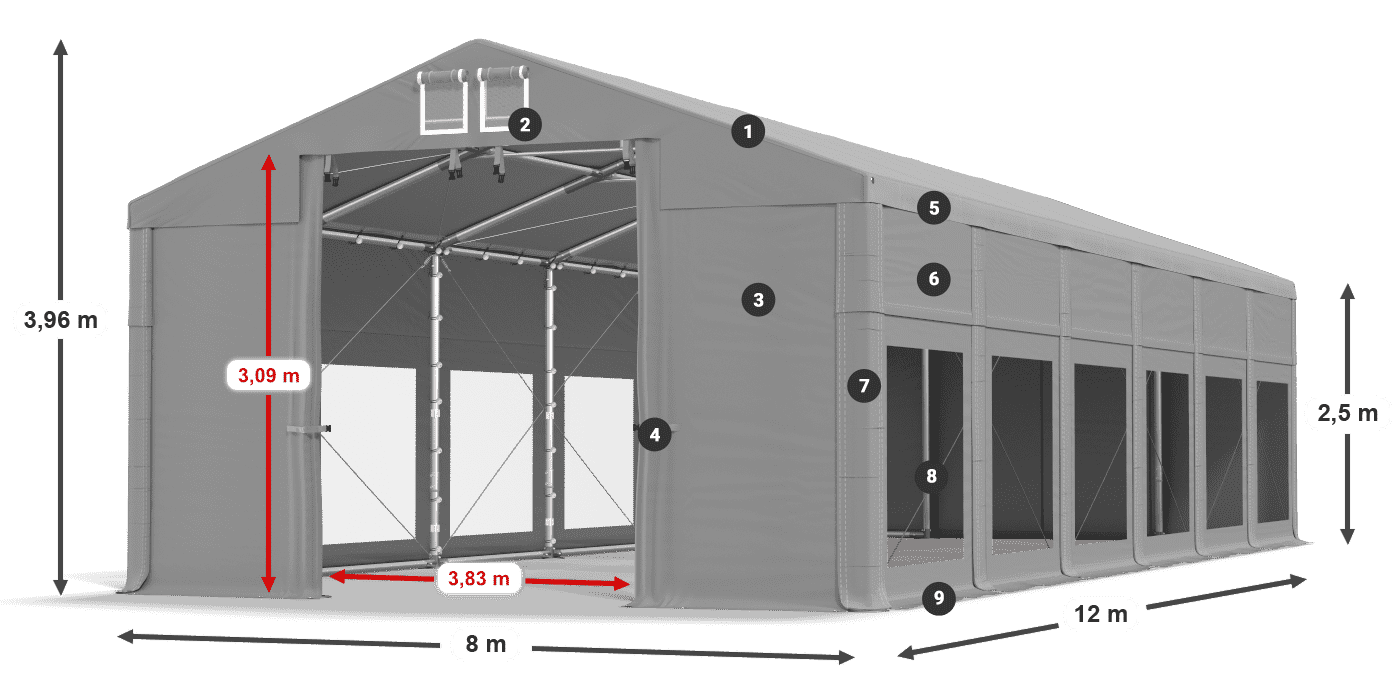 Tető: FR 620 PVC Falak: MS 580 PVC 2,5 m jelmagyarázat