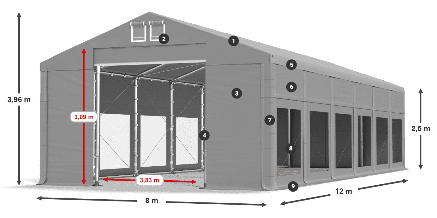 Tető: FR 620 PVC Falak: MS 580 PVC 2,5 m jelmagyarázat