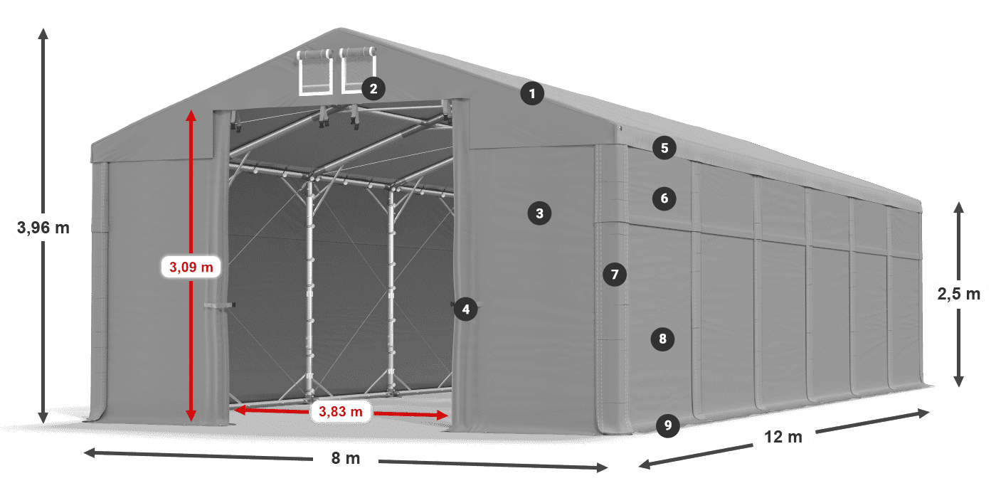 Tető: MS 580 PVC Falak: FR 620 PVC 2,5 m jelmagyarázat
