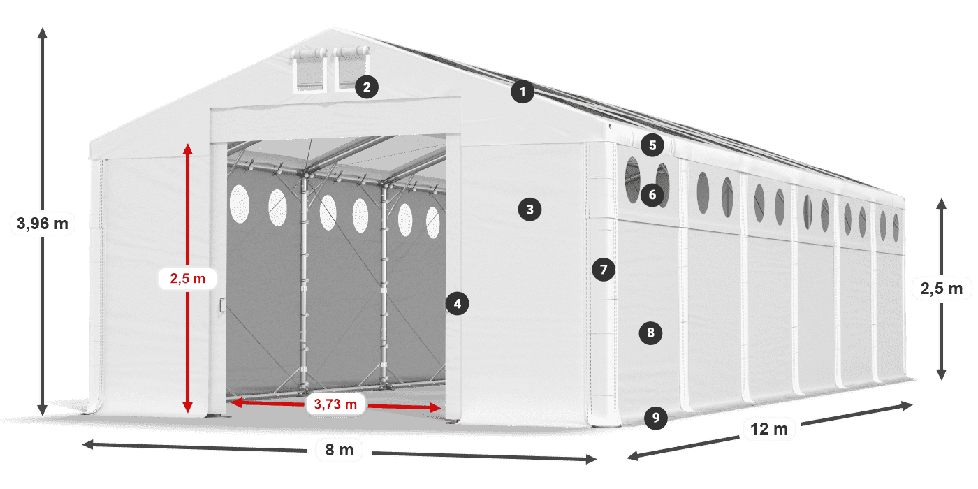 Tető: MS T 580 PVC Falak: FR O 620 PVC 2,5 m jelmagyarázat