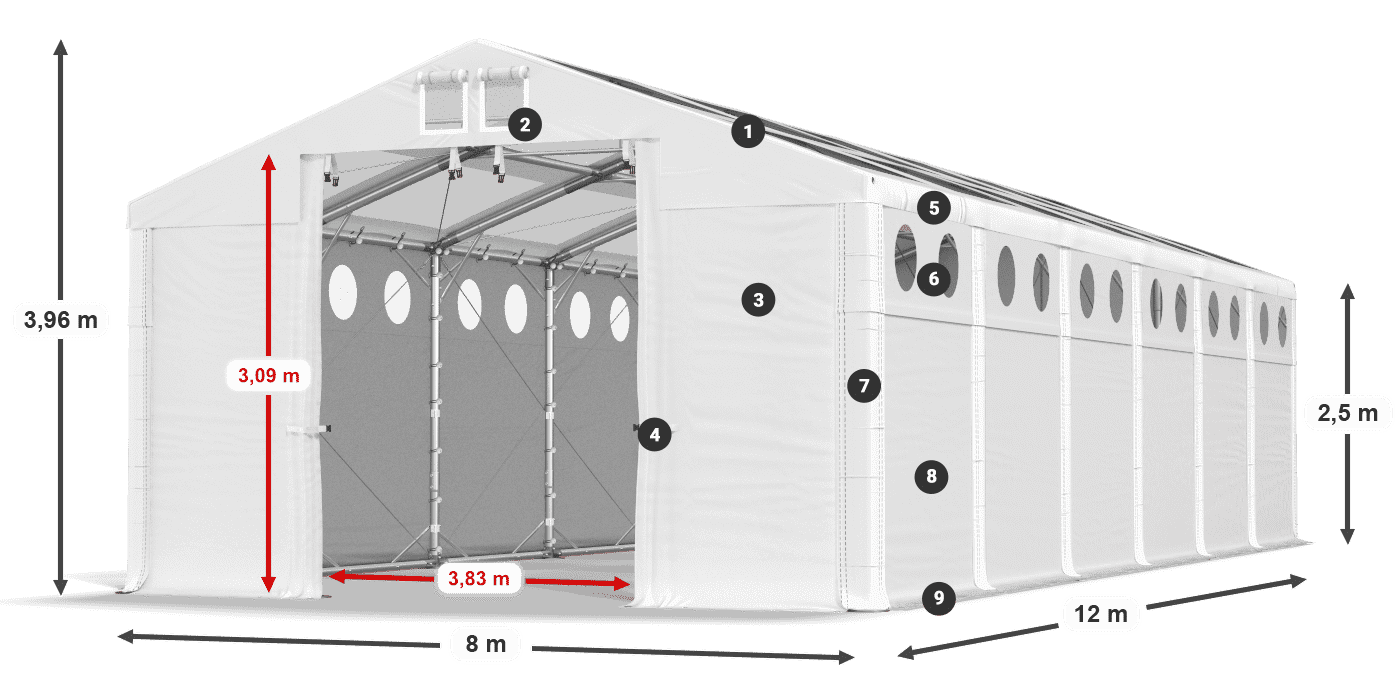Tető: MS T 580 PVC Falak: FR O 620 PVC 2,5 m jelmagyarázat