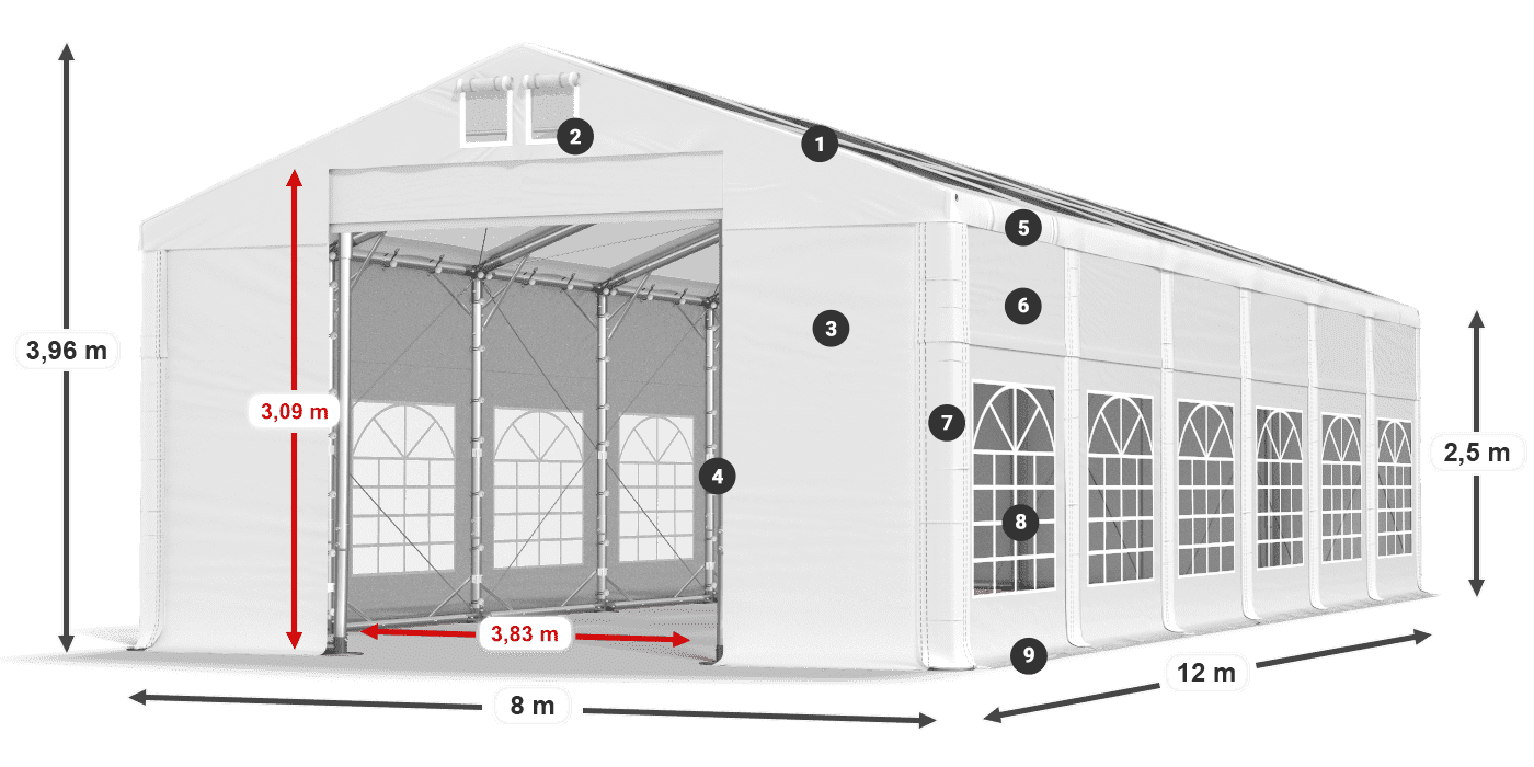Tető: MS T 580 PVC Falak: FR 620 PVC 2,5 m jelmagyarázat