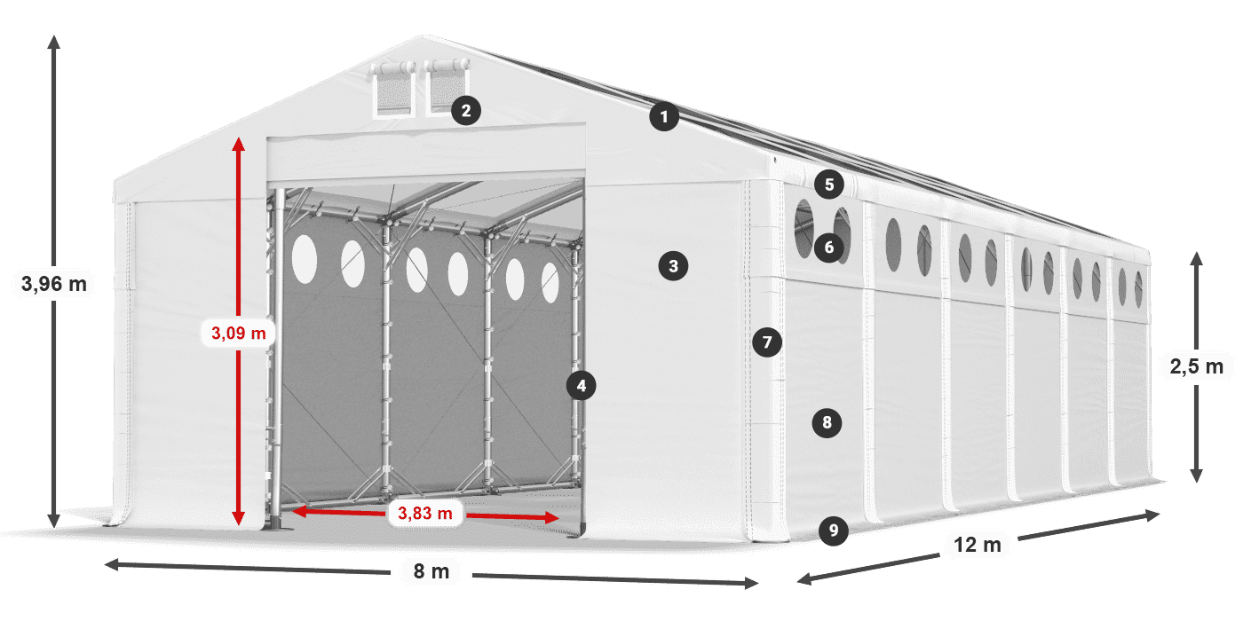 Tető: MS T 580 PVC Falak: FR O 620 PVC 2,5 m jelmagyarázat