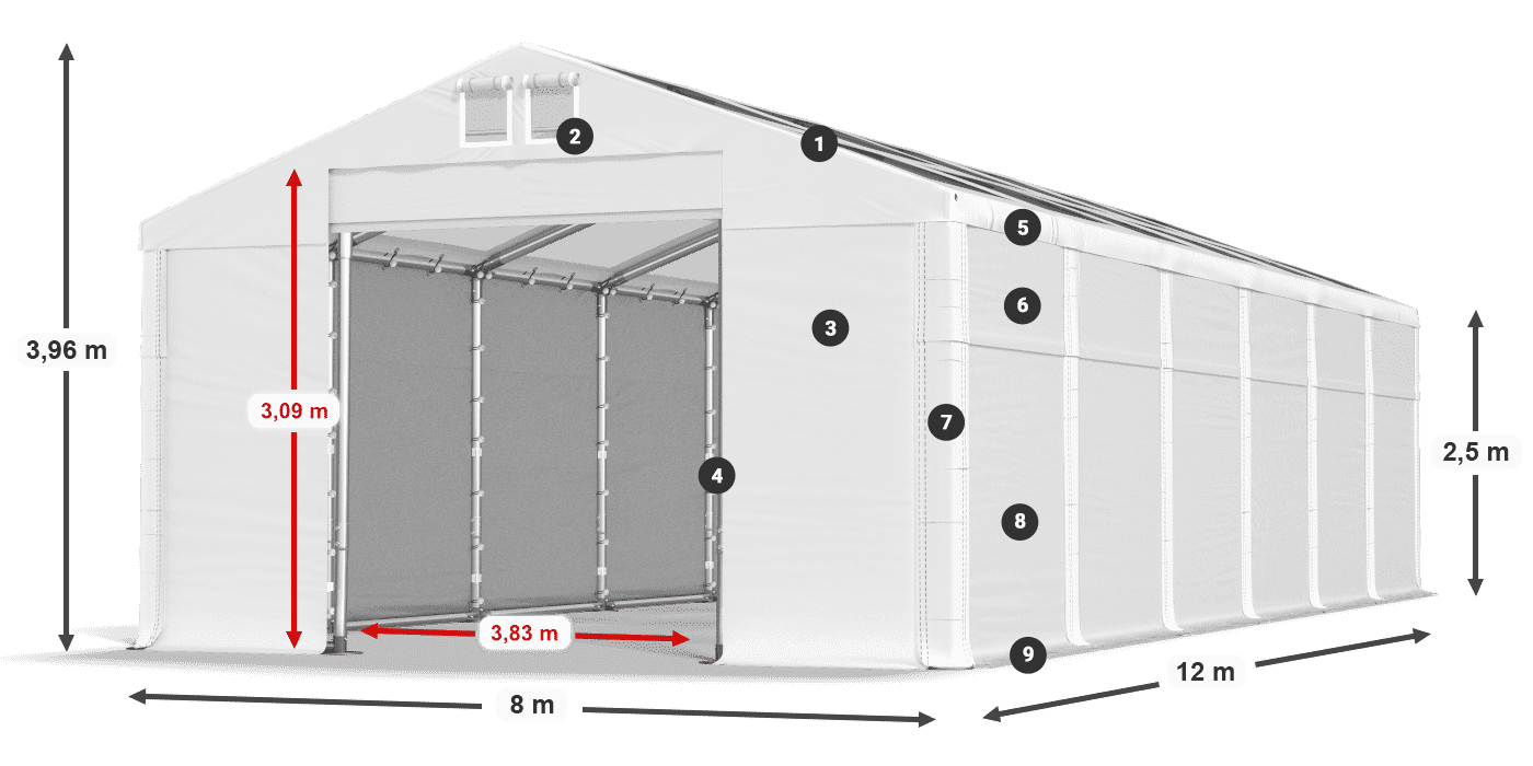 Tető: MS T 580 PVC Falak: FR 620 PVC 2,5 m jelmagyarázat