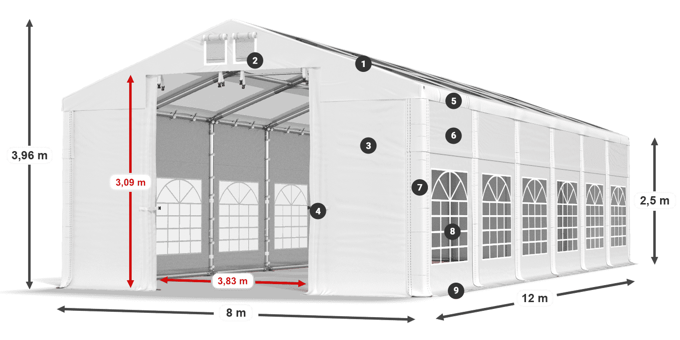 Tető: MS T 580 PVC Falak: FR 620 PVC 2,5 m jelmagyarázat
