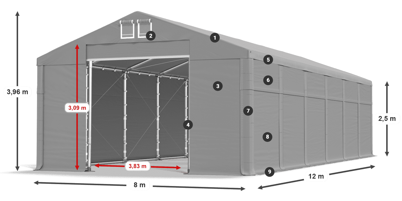 Tető: MS 580 PVC Falak: FR 620 PVC 2,5 m jelmagyarázat