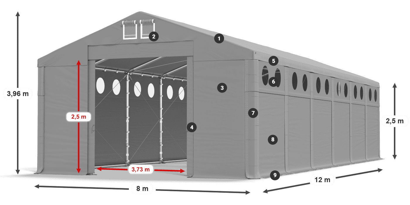 Tető: MS 580 PVC Falak: FR O 620 PVC 2,5 m jelmagyarázat