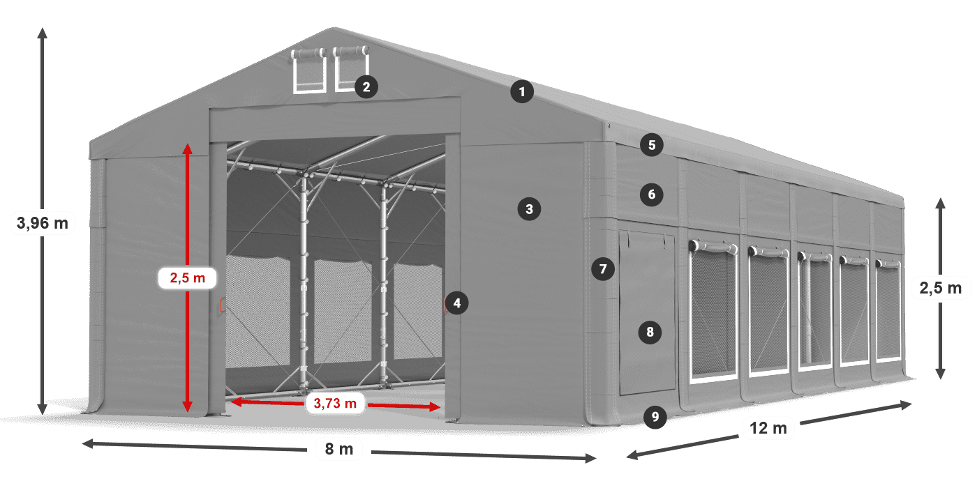 Tető: MS 580 PVC Falak: SD M 500 PVC 2,5 m jelmagyarázat