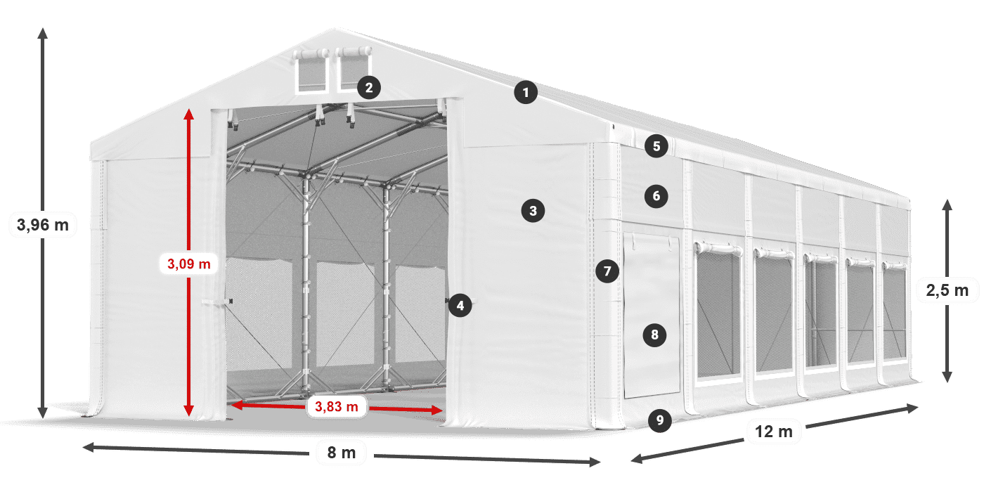 Tető: MS 580 PVC Falak: SD M 500 PVC 2,5 m jelmagyarázat
