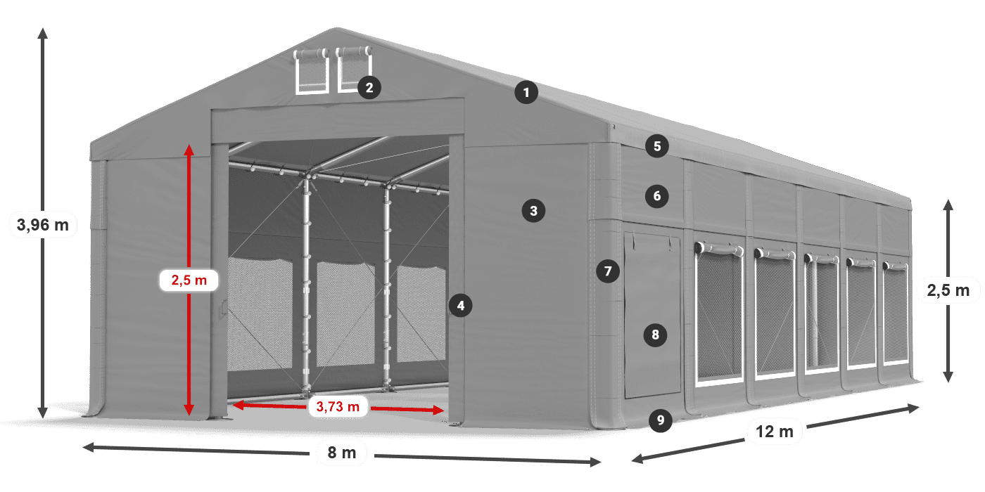 Tető: MS 580 PVC Falak: SD M 500 PVC 2,5 m jelmagyarázat