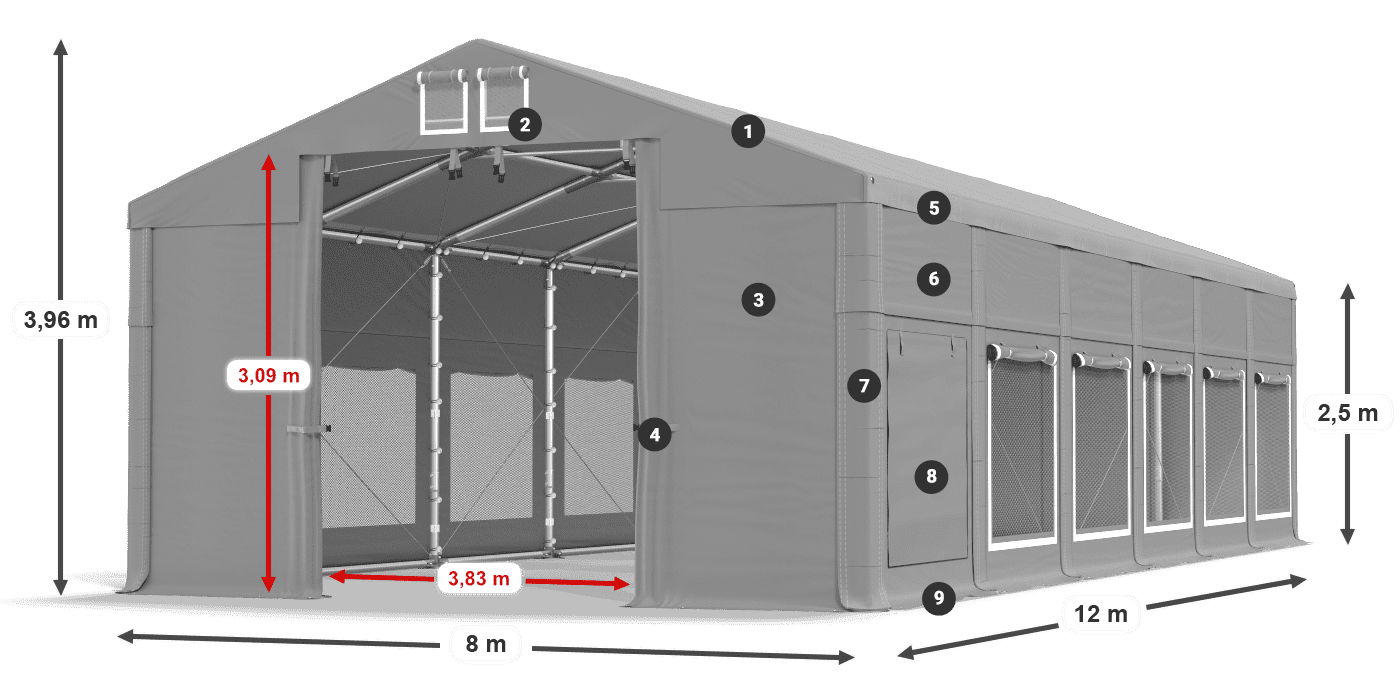 Tető: MS 580 PVC Falak: SD M 500 PVC 2,5 m jelmagyarázat