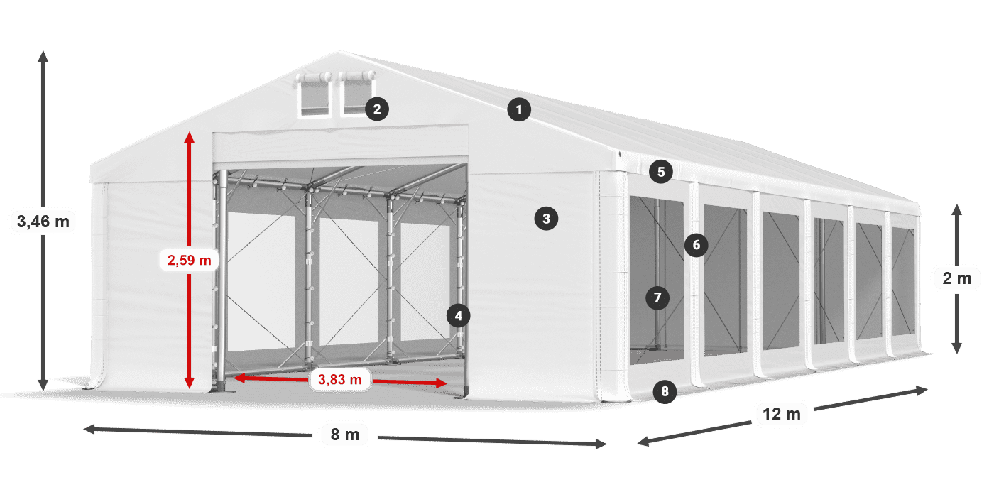 Tető: MS 580 PVC Falak: MS 580 PVC 2 m jelmagyarázat