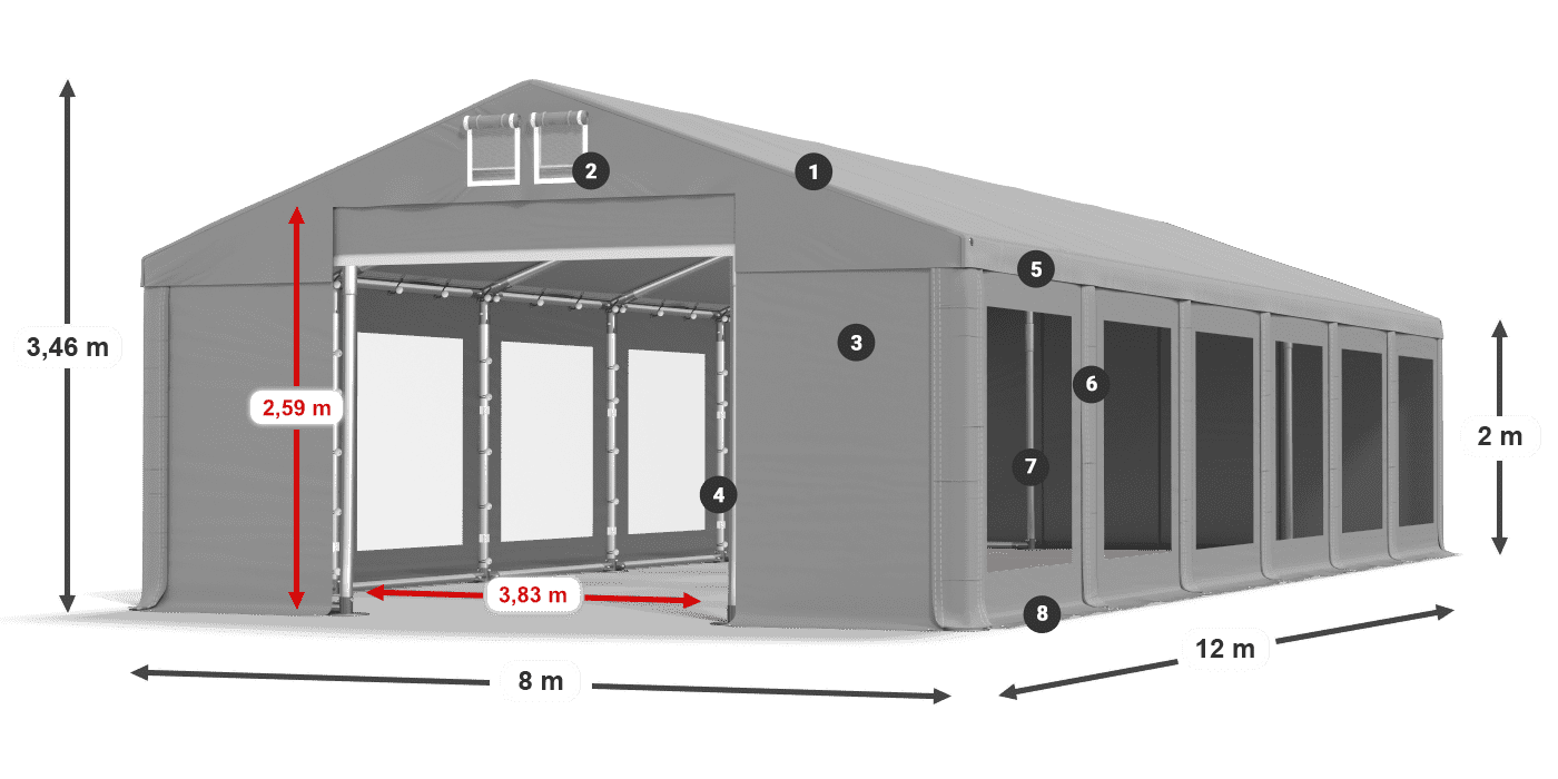 Tető: MS 580 PVC Falak: MS 580 PVC 2 m jelmagyarázat