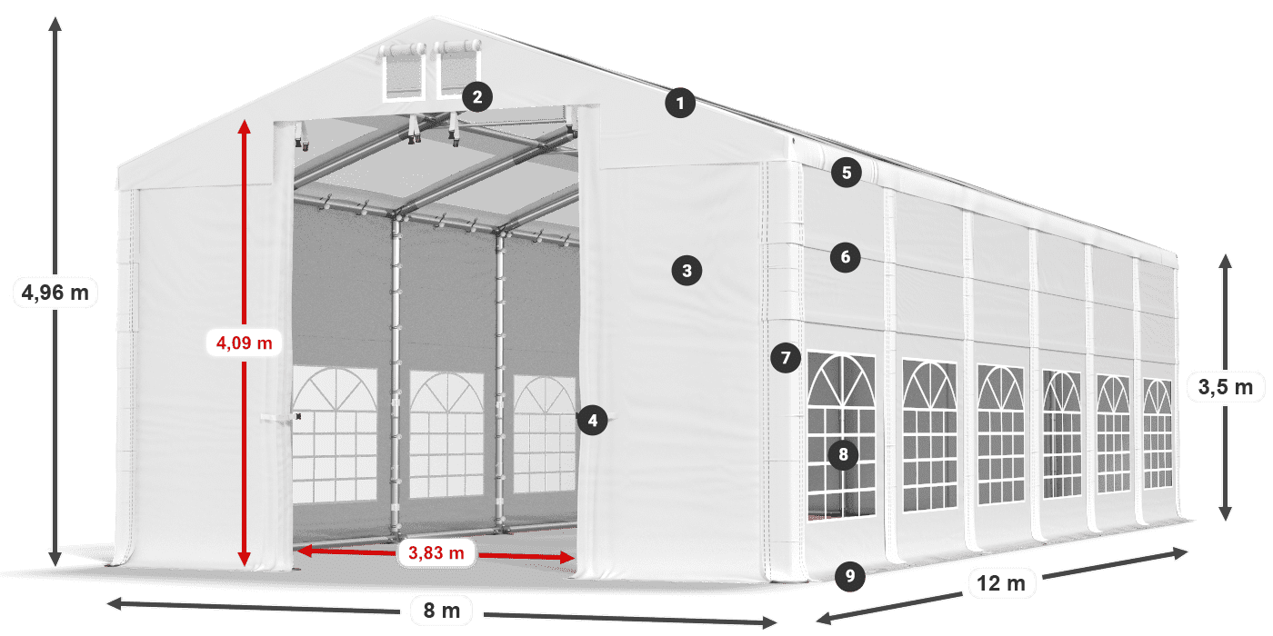 Tető: MS T 580 PVC Falak: FR 620 PVC 2,5 m jelmagyarázat