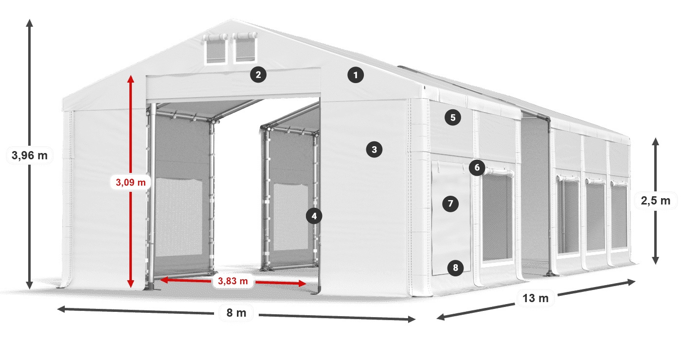 Tető: FR 620 PVC Falak: SD 500 PVC 2,5 m jelmagyarázat