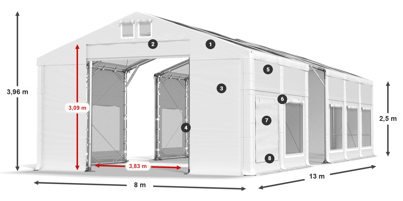 Tető: MS T 580 PVC Falak: SD M 500 PVC 2,5 m jelmagyarázat