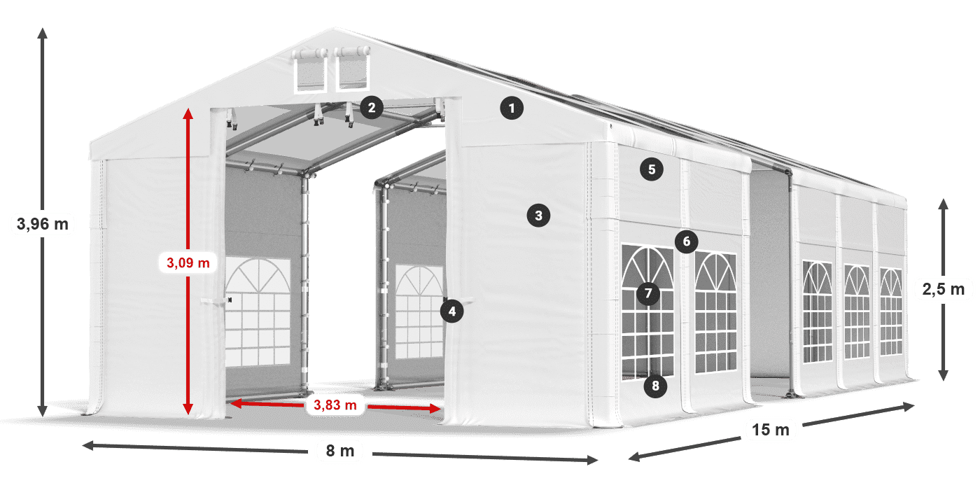 Tető: MS T 580 PVC Falak: FR 620 PVC 2,5 m jelmagyarázat