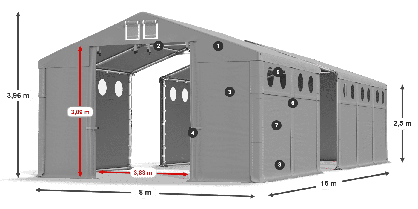 Tető: FR 620 PVC Falak: MS O 580 PVC 2,5 m jelmagyarázat