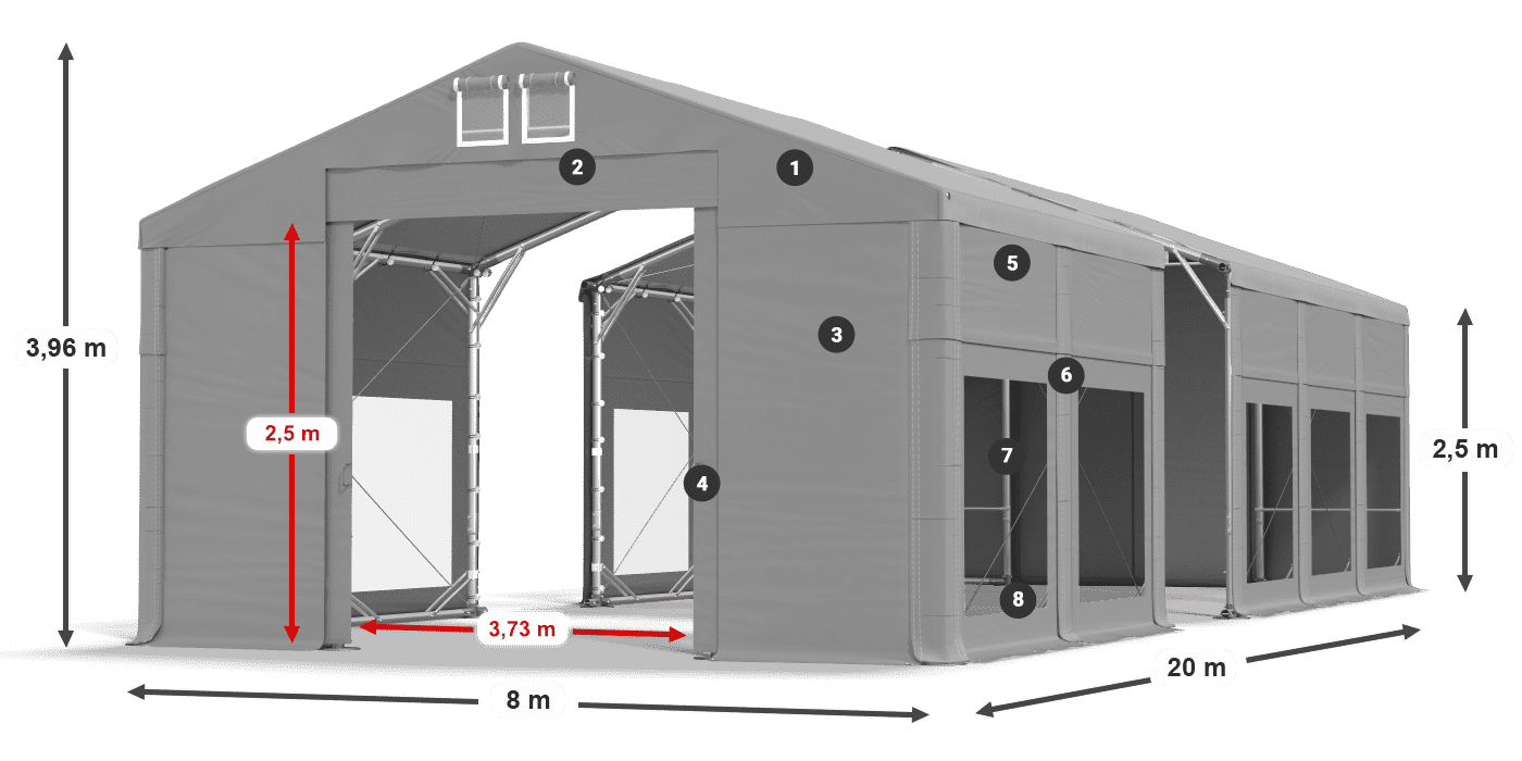 Tető: FR 620 PVC Falak: MS 580 PVC 2,5 m jelmagyarázat