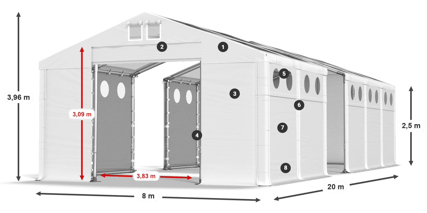 Tető: MS T 580 PVC Falak: FR O 620 PVC 2,5 m jelmagyarázat