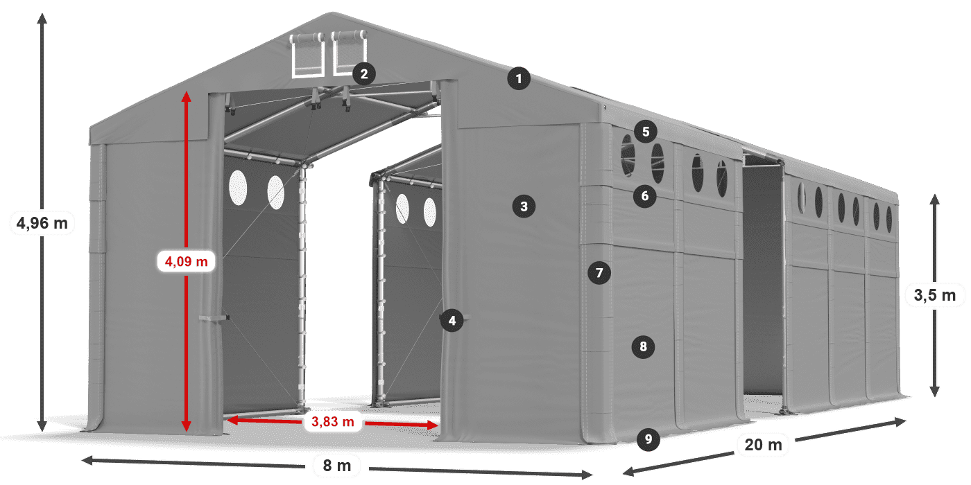 Tető: MS 580 PVC Falak: FR O 620 PVC 3,5 m jelmagyarázat