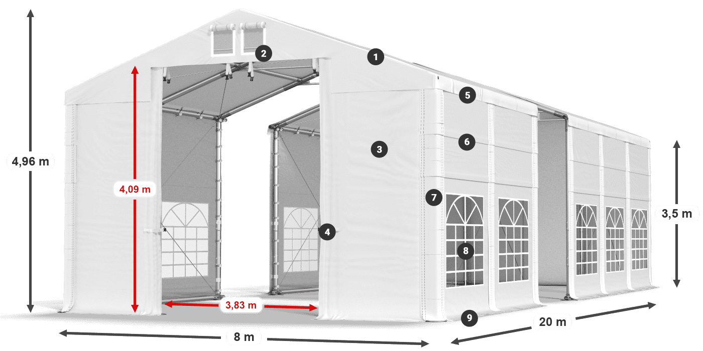 Tető: MS 580 PVC Falak: FR 620 PVC 3,5 m jelmagyarázat
