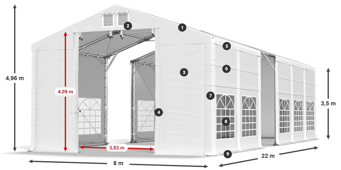 Tető: MS 580 PVC Falak: FR 620 PVC 3,5 m jelmagyarázat