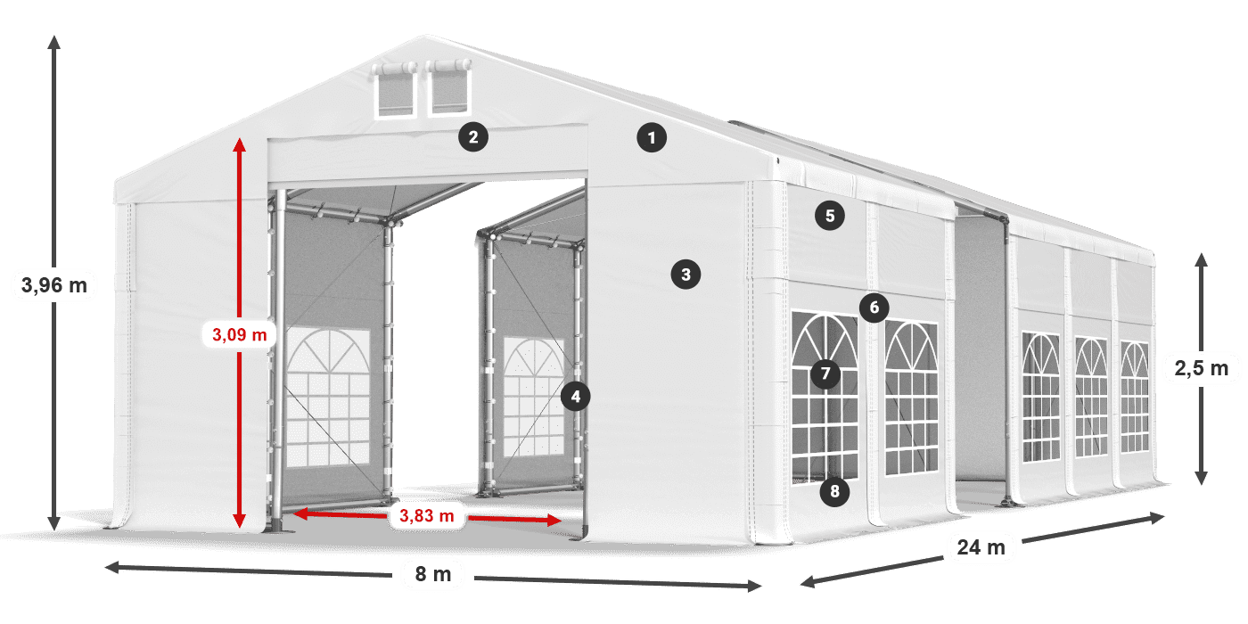 Tető: MS 580 PVC Falak: FR 620 PVC 2,5 m jelmagyarázat