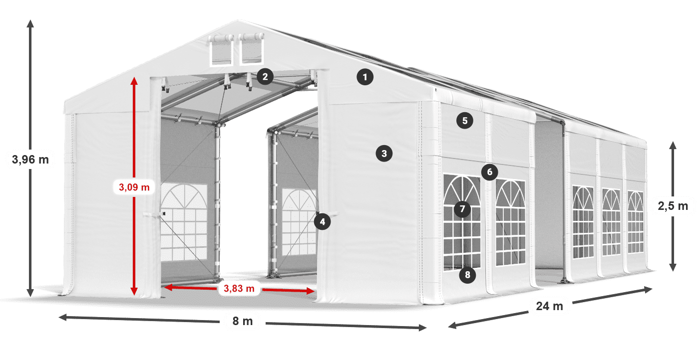 Tető: MS T 580 PVC Falak: FR 620 PVC 2,5 m jelmagyarázat