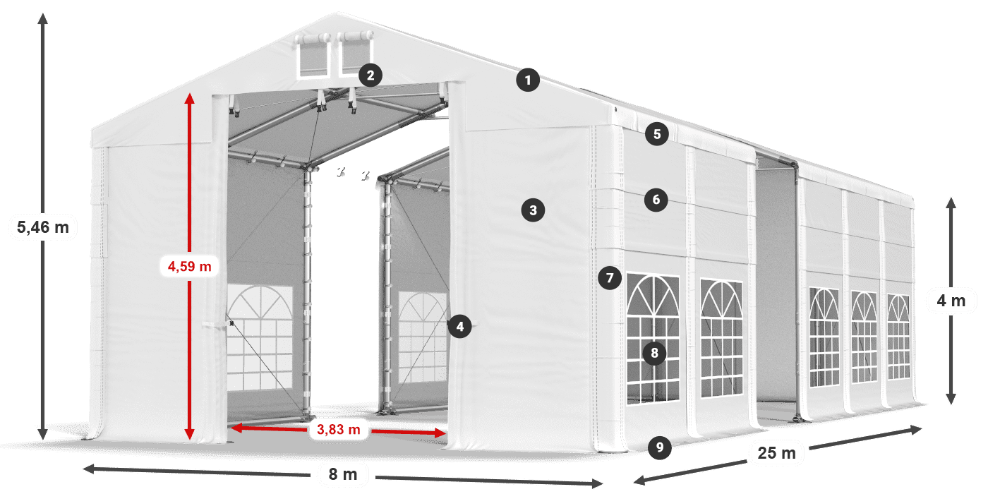 Tető: MS 580 PVC Falak: FR 620 PVC 4 m jelmagyarázat