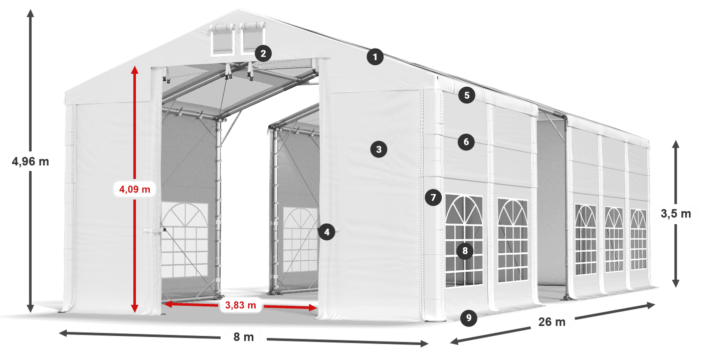 Tető: MS T 580 PVC Falak: FR 620 PVC 2,5 m jelmagyarázat