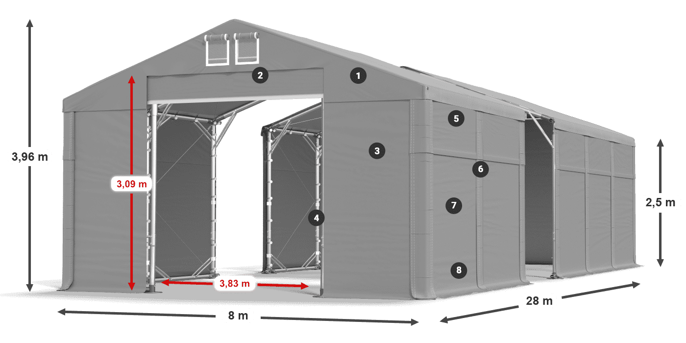 Tető: MS 580 PVC Falak: SD 500 PVC 2,5 m jelmagyarázat
